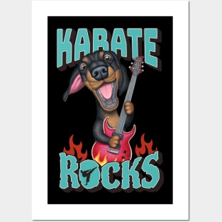 Karate Rocks with Doxie Dog Dachshund with guitar rocks tee Posters and Art